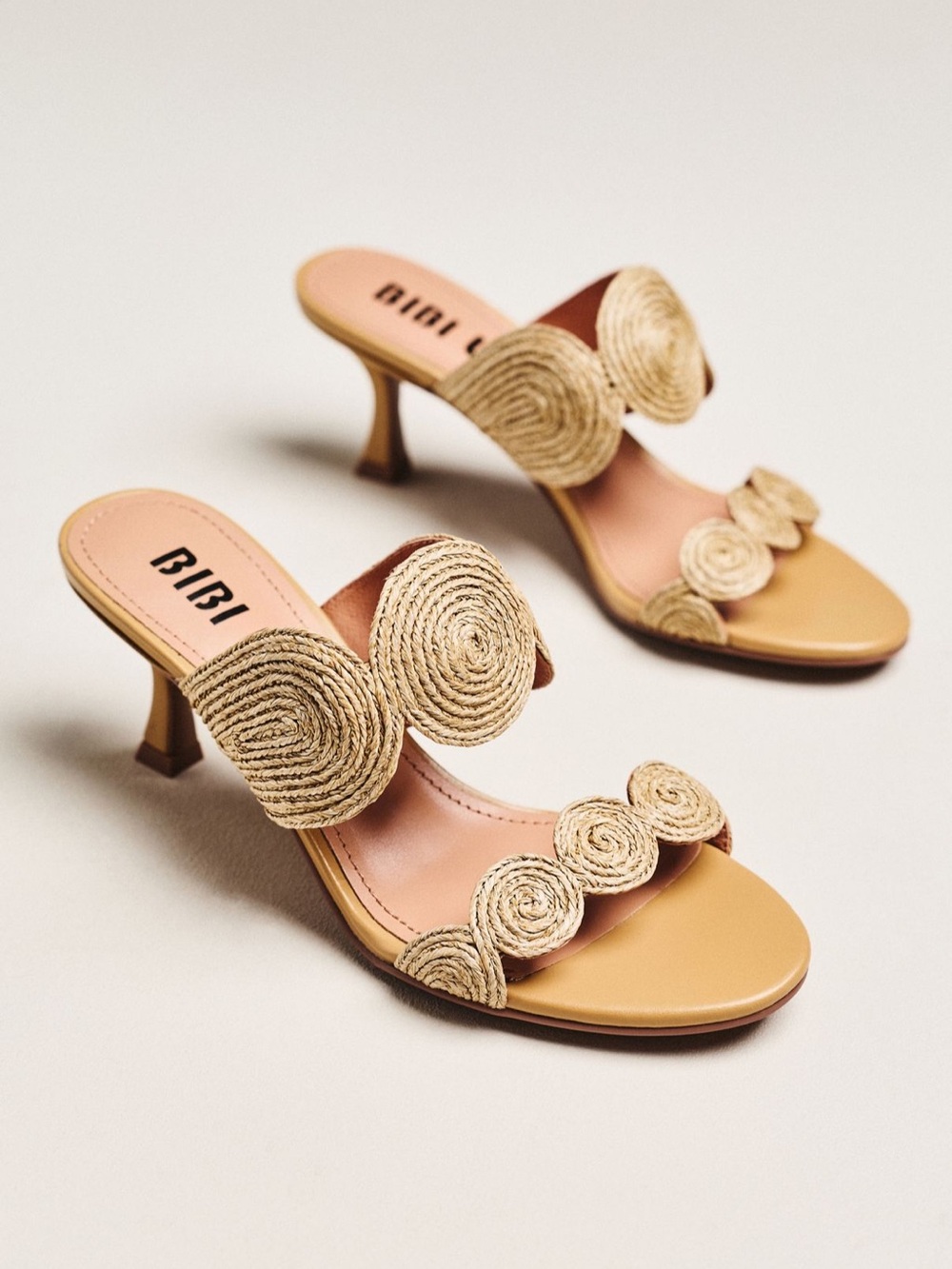 Anthropologie Tan Raffia-Trim Mid-Heel Slide Sandals